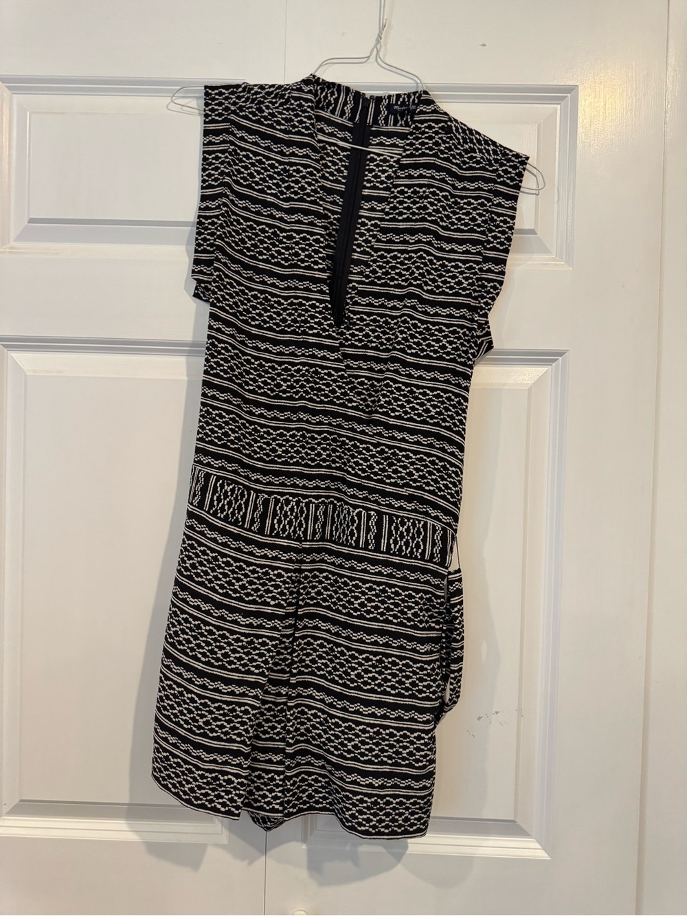 Madewell 1937 100% Silk Romper S Black Cream Geometric Tie Waist